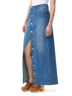 Clearance Button Down Maxi Denim Skirt In Denim|Skirts