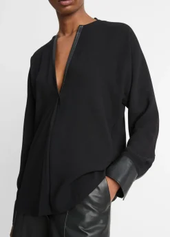 Best Faux Leather Trim Dolman Sleeve Blouse In Blouses