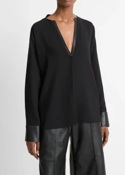 Best Faux Leather Trim Dolman Sleeve Blouse In Blouses