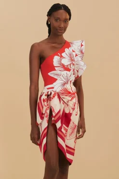 Outlet Floral Chains One Shoulder Swimsuit In Red Shop All Swim