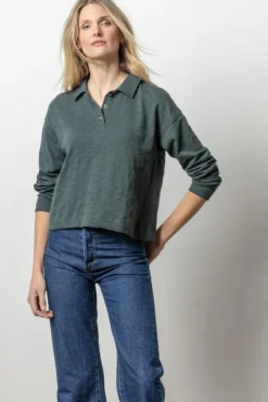 Fashion Long Sleeve Drop Shoulder Polo In Evegreen Basics And Tees