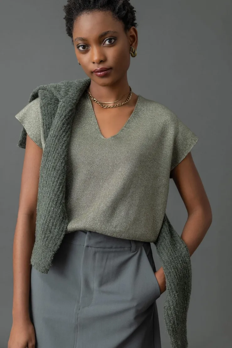 Outlet Metallic V-Neck Sweater In Sweaters|Shop All Matching Sets