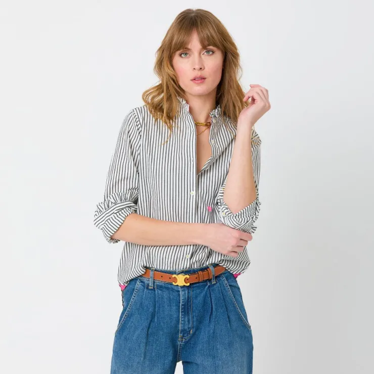 Discount Mia Ruffle Stripe Shirt In Blouses
