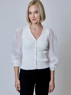 Hot Mix Media Button Down Rib Cardigan In Sweaters