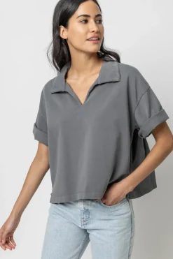 Outlet Mixed Media Collared Top In Basics And Tees