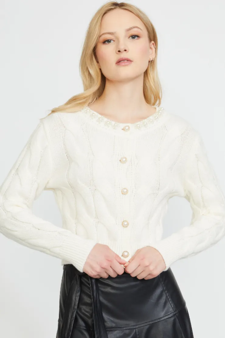 Outlet Pearl Trim Cable Knit Cardigan In Sweaters