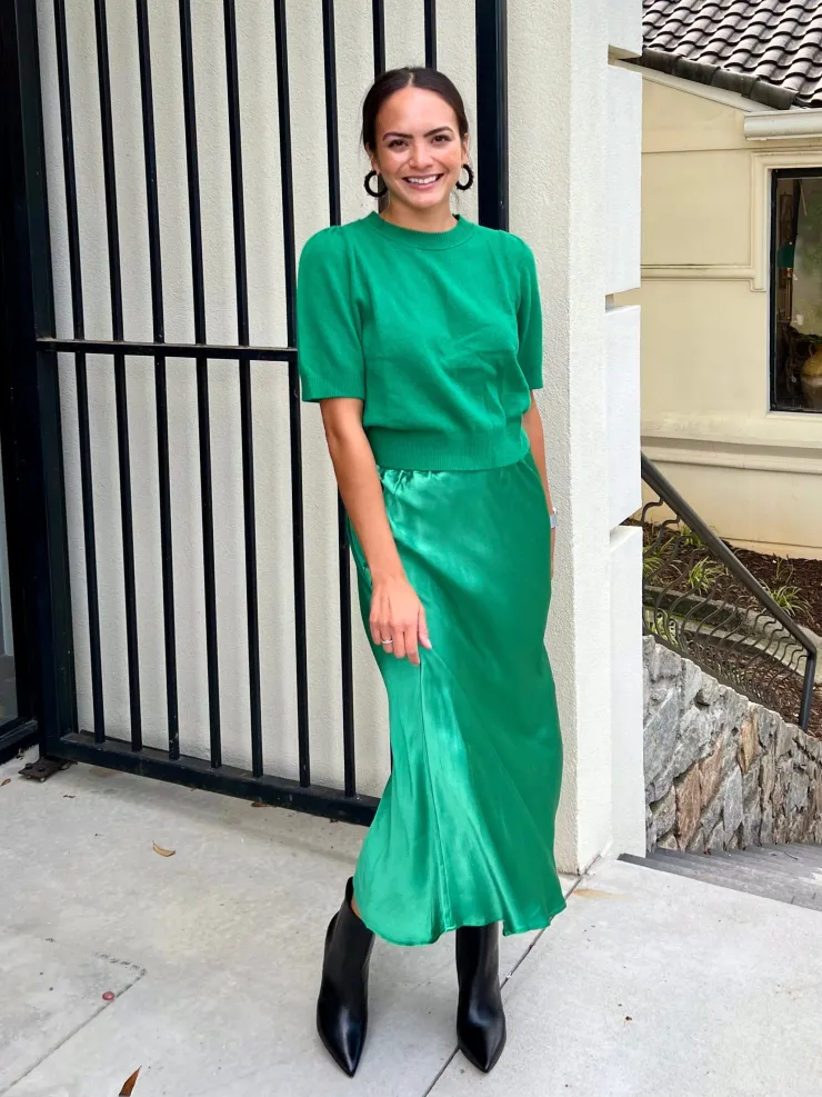 Hot Satin Midi Skirt In Green Sweaters|Skirts