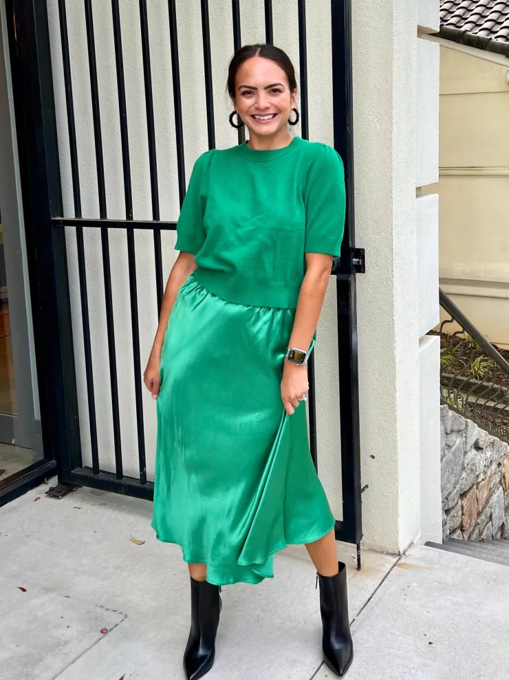 Hot Satin Midi Skirt In Green Sweaters|Skirts