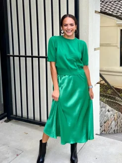 Hot Satin Midi Skirt In Green Sweaters|Skirts